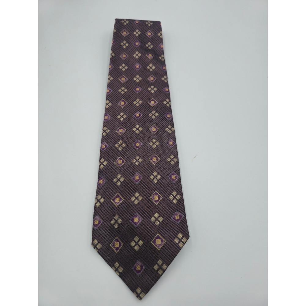 Ermenegildo Zegna Silk Tie Purple Gold Geometric Diamond Pattern Mens Italy